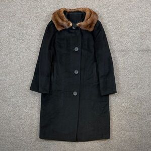 Vintage 80s Long Black Pea Coat Women L Fur Collar Button Front Ebonique Worumbo